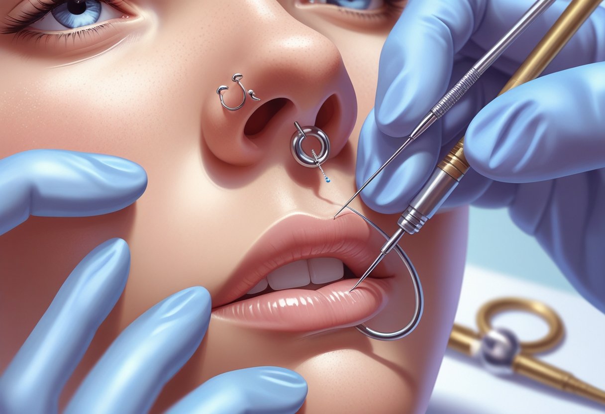Septum Piercing Guia Completo de Estilo e Cuidados Pessoa recebendo um piercing no septo nasal, com agulha sendo inserida no nariz por mãos com luvas cirúrgicas.