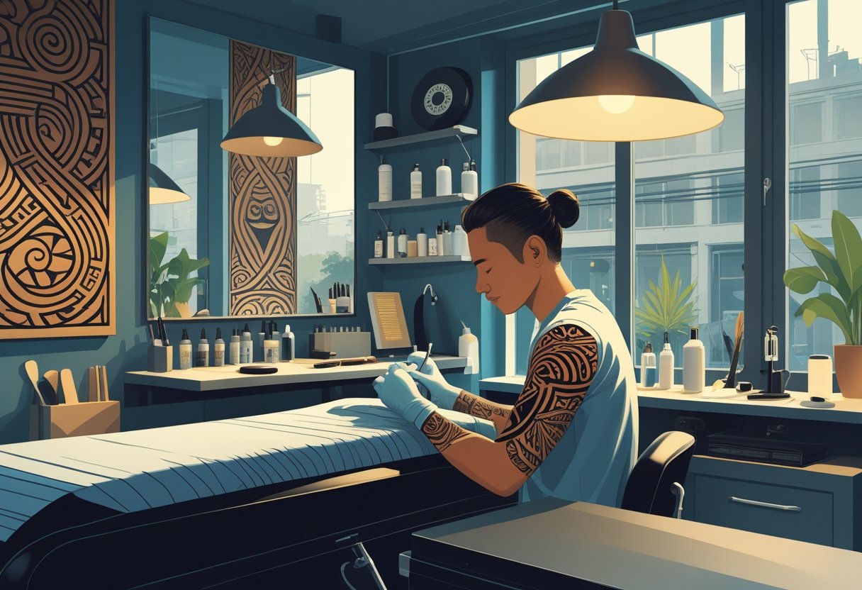 Tattoo Maori Curitiba: Tradição e Estilo na Arte Corporal Um estúdio de tatuagem em Curitiba onde um tatuador está trabalhando em uma tatuagem maori no braço de um cliente, com elementos culturais maori e vista da cidade ao fundo.