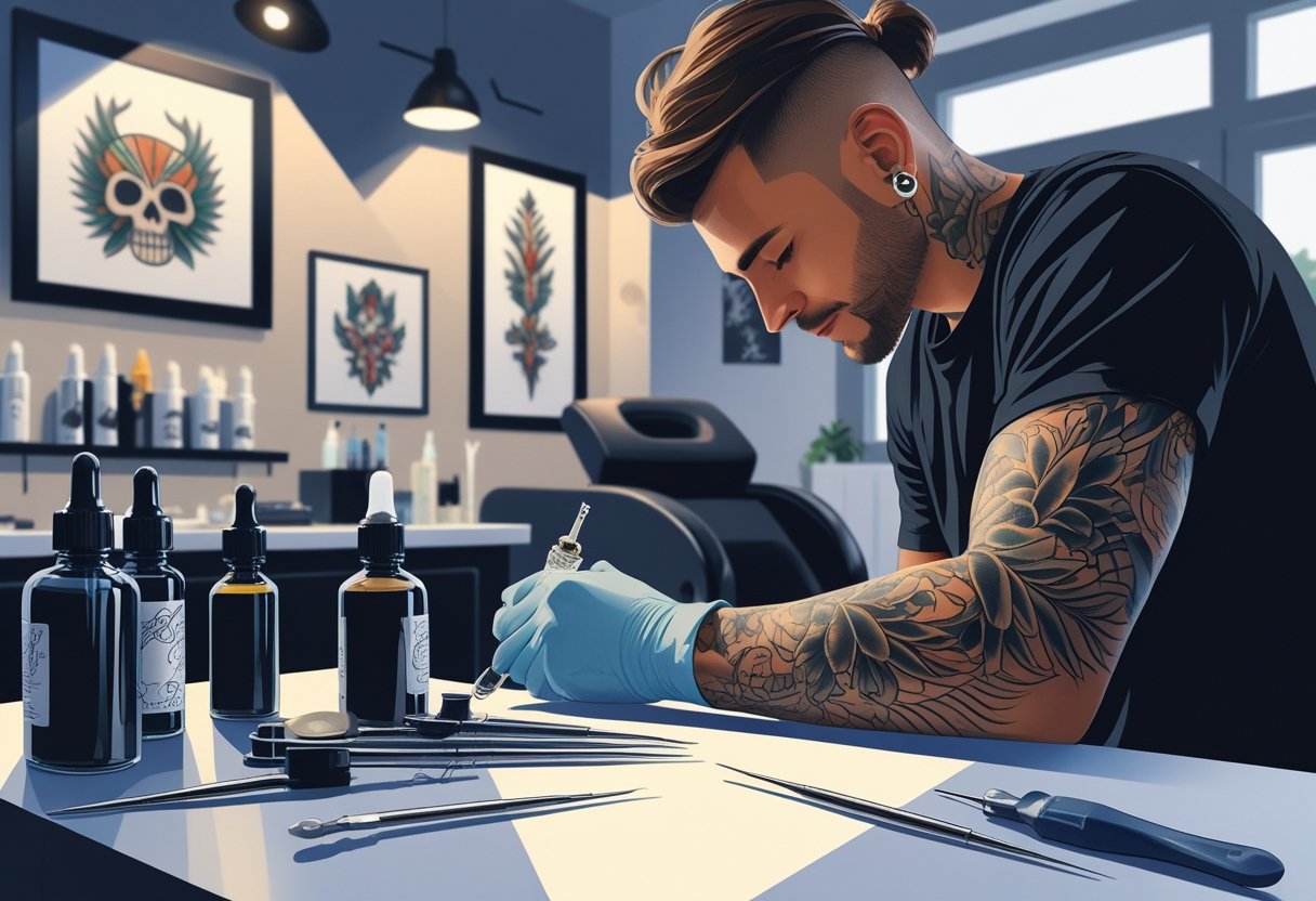 Tattoo Near Me: Como Encontrar o Estúdio Ideal na Sua Região Um artista tatuando o braço de uma pessoa em um estúdio de tatuagem moderno e bem iluminado.