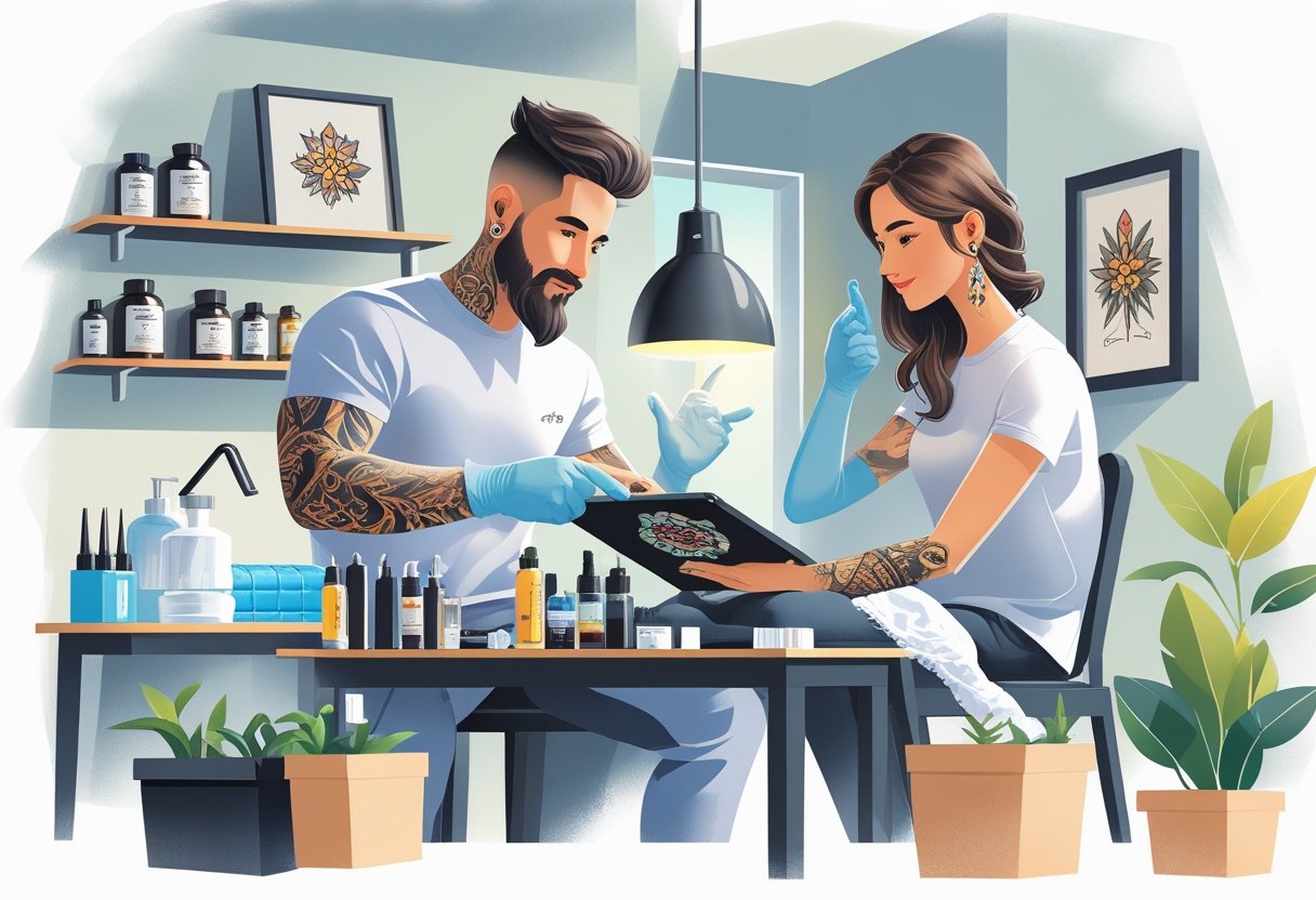 Tattoo Near Me: Como Encontrar o Estúdio Ideal na Sua Região Estúdio de tatuagem com tatuador conversando com cliente, mostrando desenhos, em ambiente organizado e iluminado.