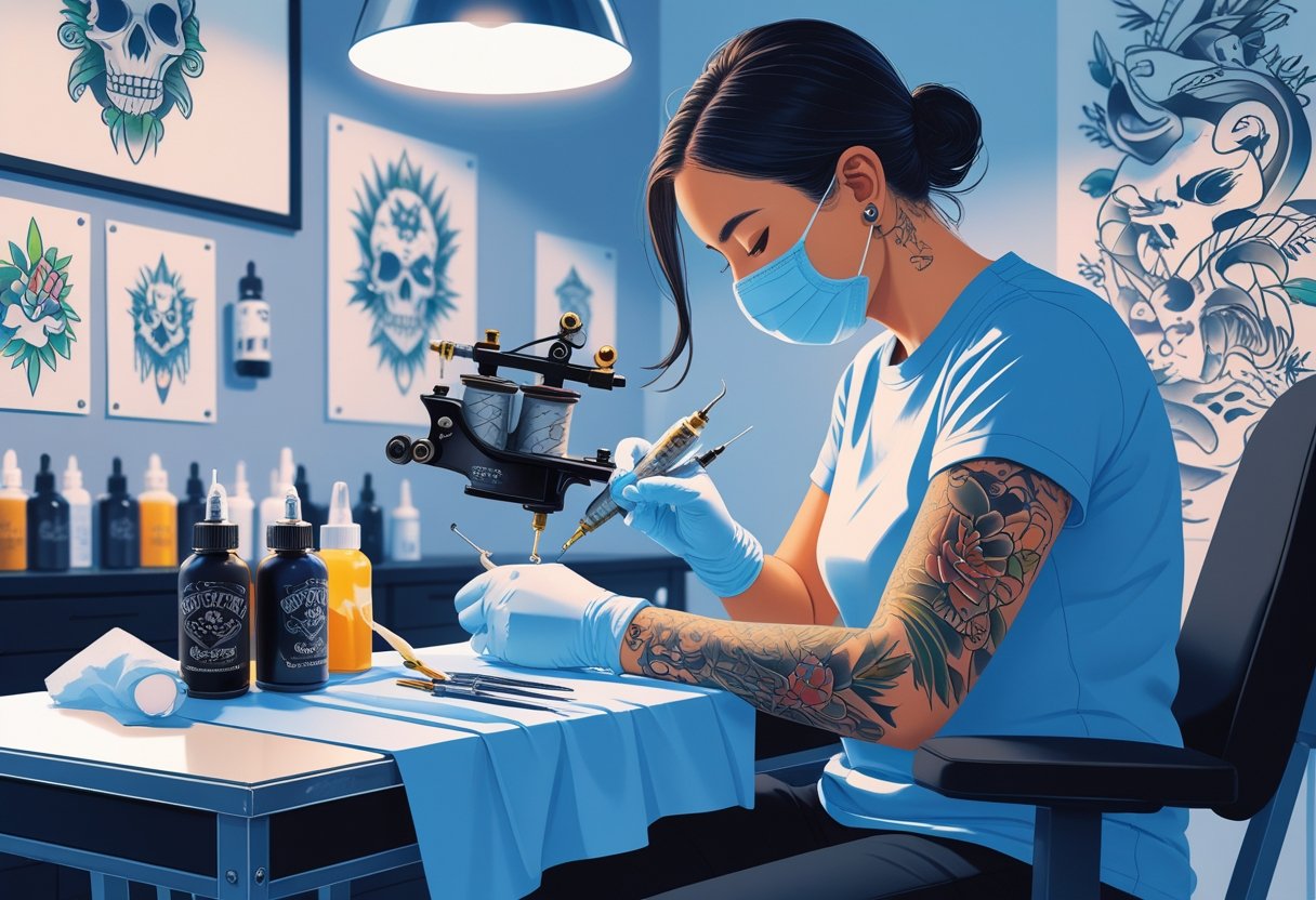 Tatuador Especialista Em Cobertura: Transformando Tatuagens Antigas Com Técnica e Precisão Um tatuador trabalhando para cobrir uma tatuagem antiga no braço de um cliente em um estúdio de tatuagem.