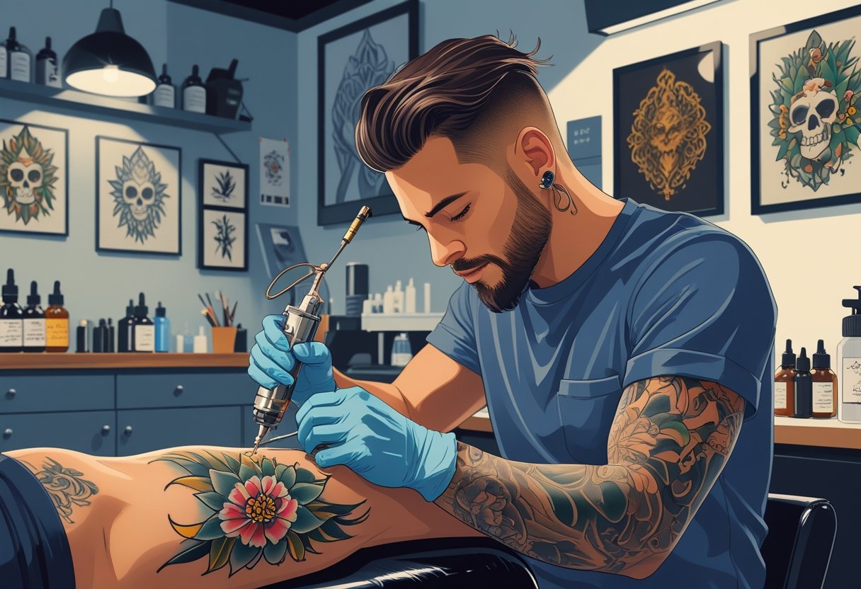 Tatuador Especialista Em Cobertura: Transformando Tatuagens Antigas Com Técnica e Precisão Um tatuador especialista em cobertura trabalhando no braço de um cliente em um estúdio de tatuagem organizado.