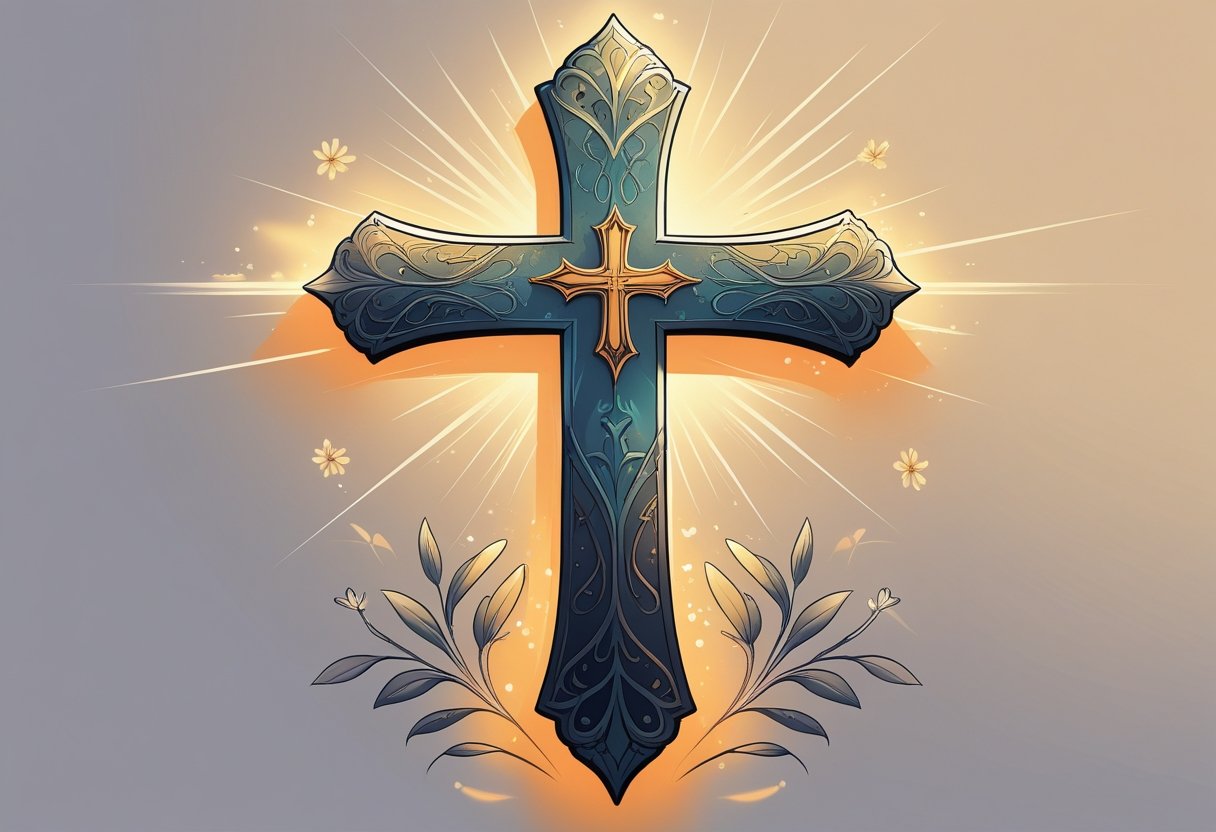 Ilustração de uma tatuagem de cruz detalhada com padrões e luz suave ao redor, representando fé e espiritualidade.