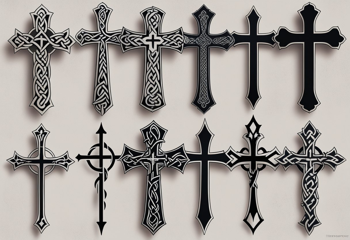 Vários tipos principais de tatuagens de cruz exibidos em diferentes estilos e designs.