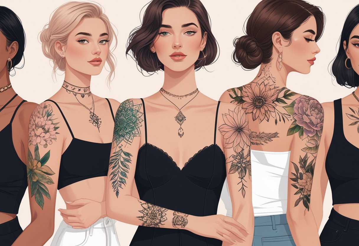 Tatuagens Femininas: Estilos, Significados e Inspirações Ilustração de várias mulheres mostrando tatuagens diferentes em braços, ombros e costas, com roupas modernas e fundo neutro.