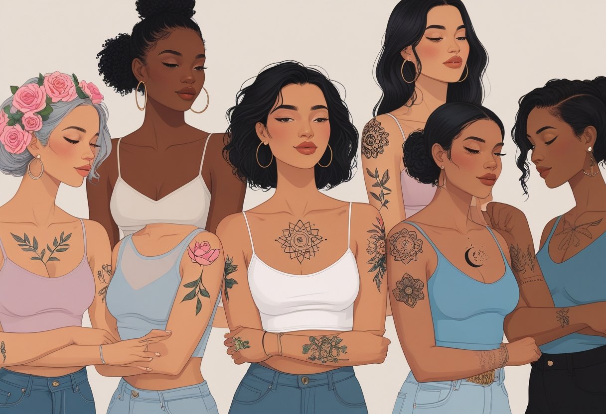 Tatuagens Femininas: Estilos, Significados e Inspirações Grupo de mulheres diversas mostrando tatuagens populares femininas em diferentes partes do corpo, como flores, luas, mandalas e animais, em um ambiente neutro.