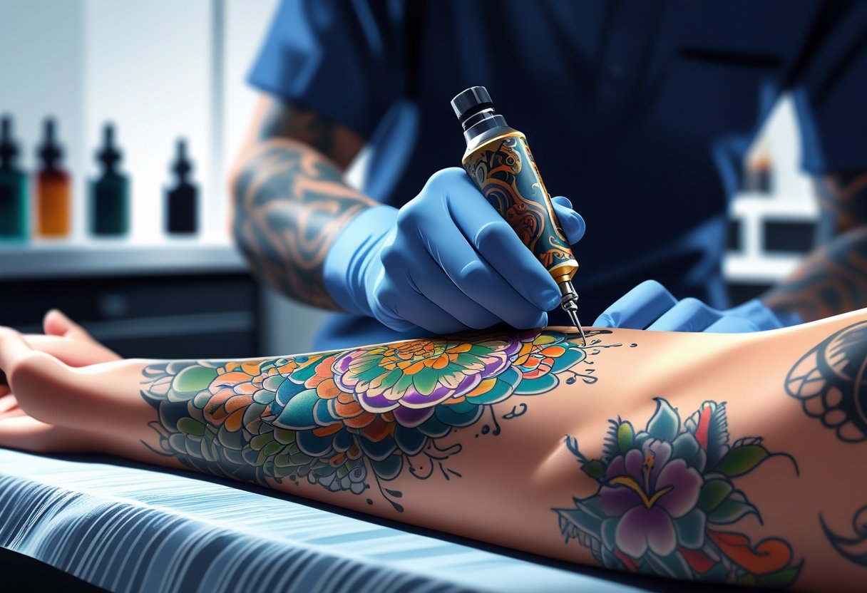 Cobrir Tatuagem: Técnicas Eficientes Para Um Resultado Impecável Close-up de um braço com uma tatuagem antiga sendo coberta por uma nova tatuagem colorida feita por um artista em um estúdio de tatuagem.