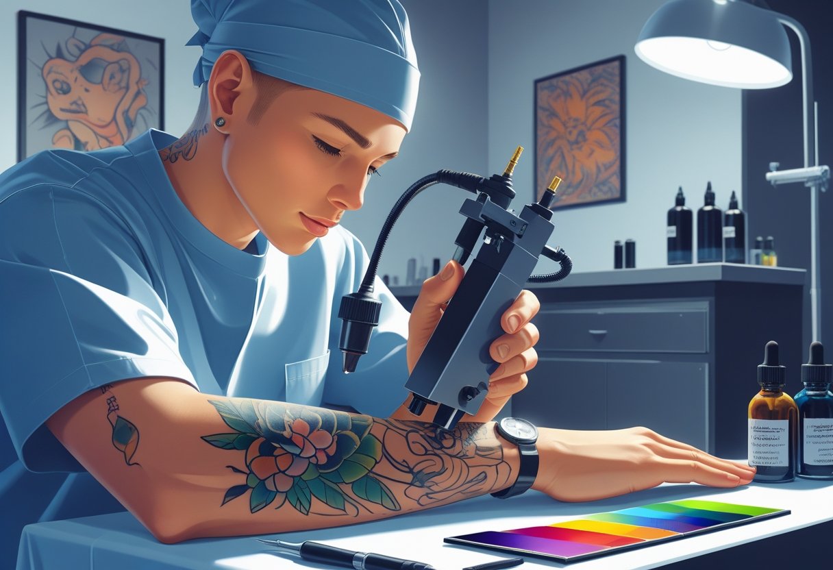 Cobrir Tatuagem: Técnicas Eficientes Para Um Resultado Impecável Um artista de tatuagem avaliando o braço de um cliente para cobrir uma tatuagem original em um estúdio de tatuagem.
