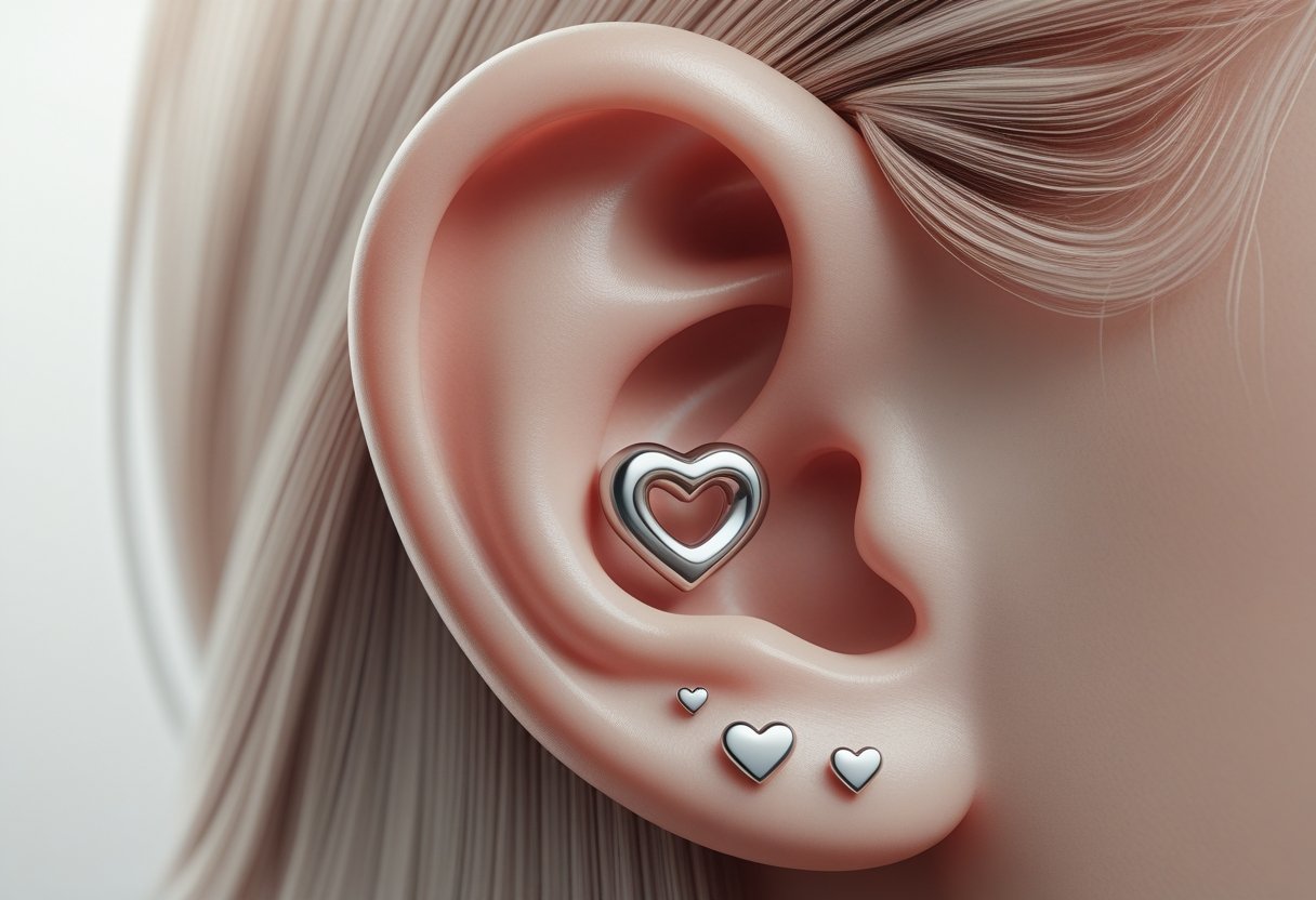Piercing Daith Coração Titânio: Guia Completo Sobre Benefícios e Cuidados Close-up de uma orelha humana com um piercing daith em formato de coração feito de titânio.