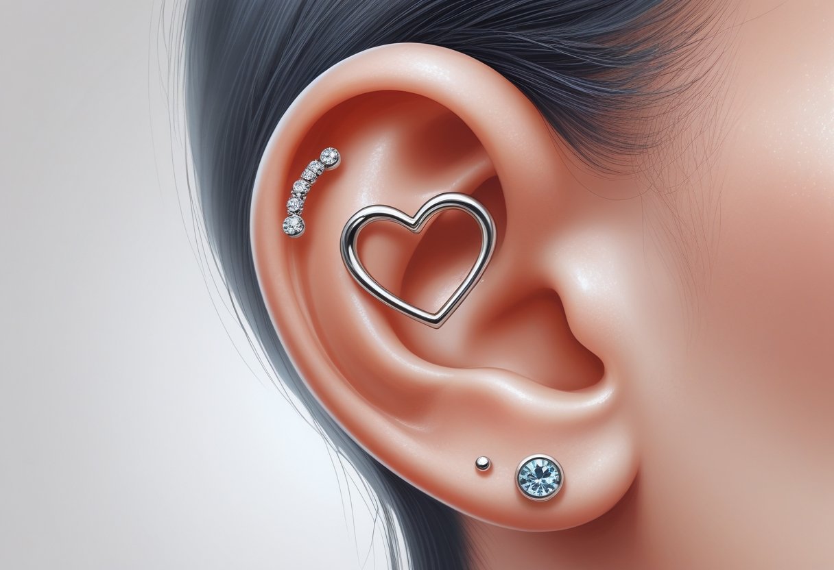 Piercing Daith Coração Titânio: Guia Completo Sobre Benefícios e Cuidados Close-up de uma orelha com um piercing daith em forma de coração feito de titânio.
