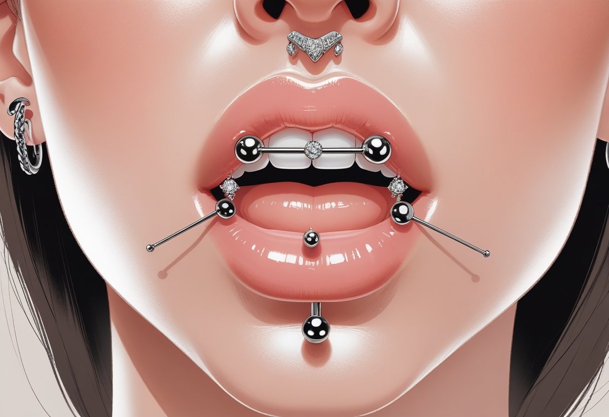 Piercing De Boca: Cuidados, Tipos E Dicas Essenciais Close-up do rosto de uma pessoa mostrando diferentes tipos de piercing na boca, com foco nos lábios e joias metálicas.