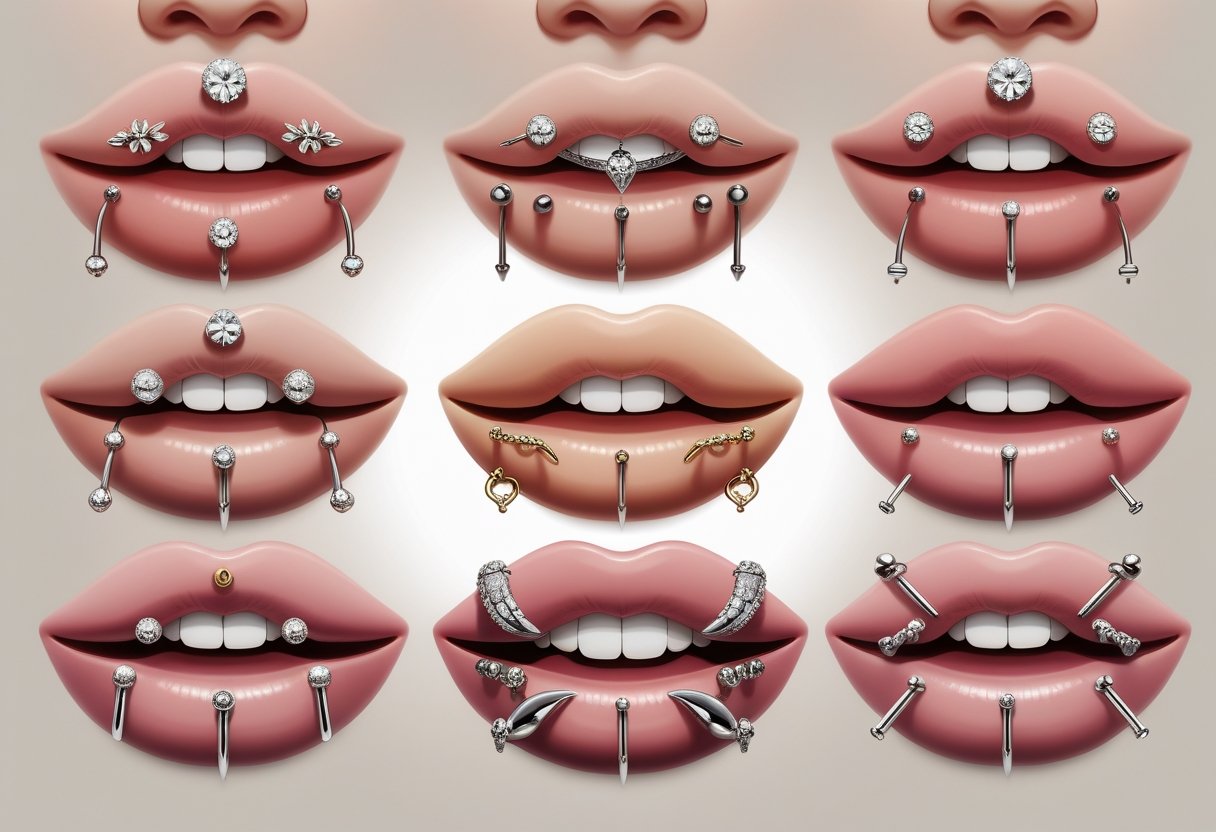 Piercing De Boca: Cuidados, Tipos E Dicas Essenciais Close-up de bocas com diferentes tipos de piercings, mostrando diversos estilos de joias na região da boca.
