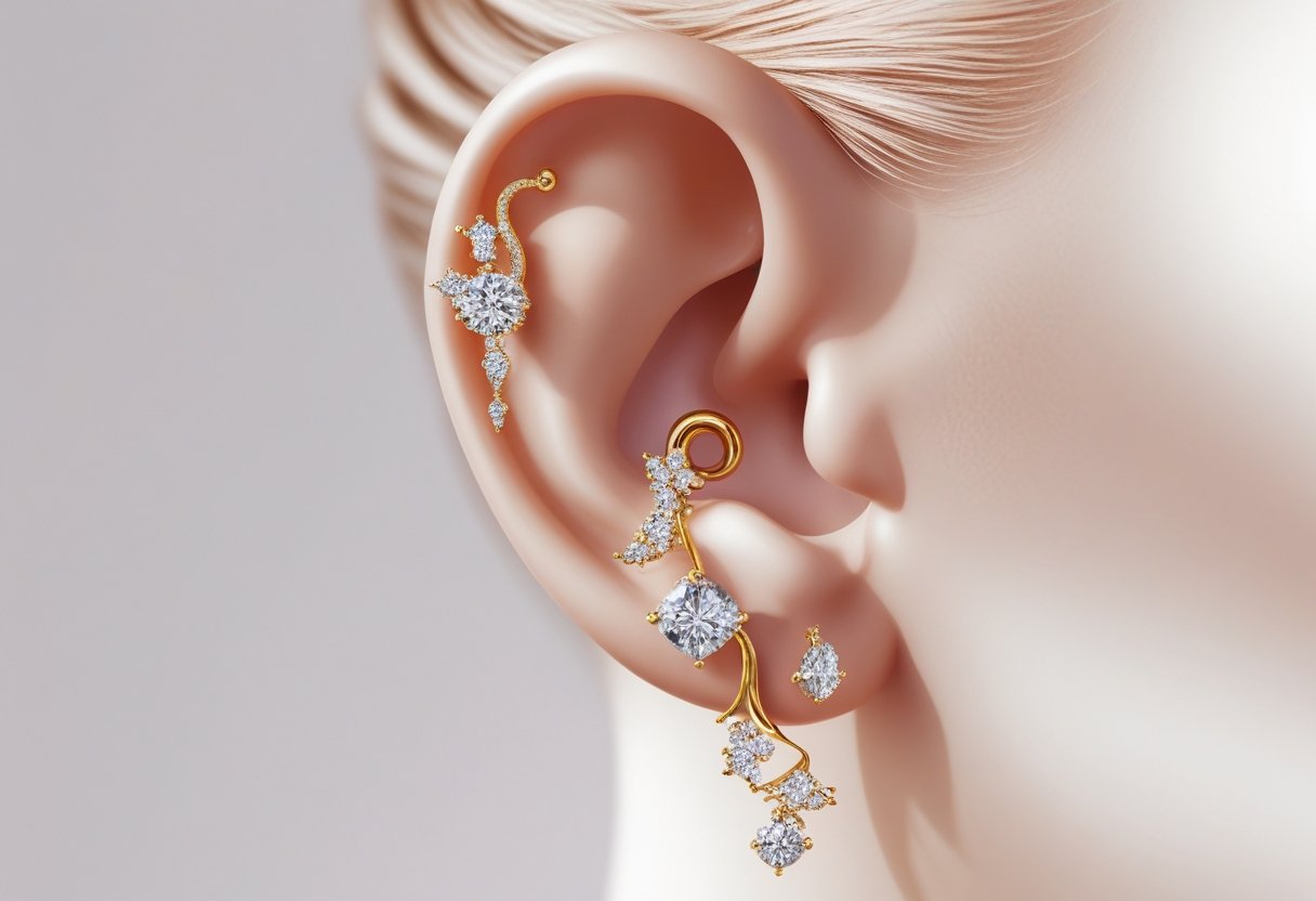 Piercing De Luxo: Tendência Sofisticada Que Valoriza Seu Estilo Close-up de uma orelha com um piercing luxuoso feito de metal precioso e pedras brilhantes.