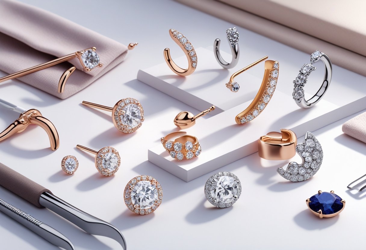 Piercing De Luxo: Tendência Sofisticada Que Valoriza Seu Estilo Vários materiais e joias de luxo para piercings dispostos de forma elegante sobre um fundo branco, incluindo ouro, prata e pedras preciosas.
