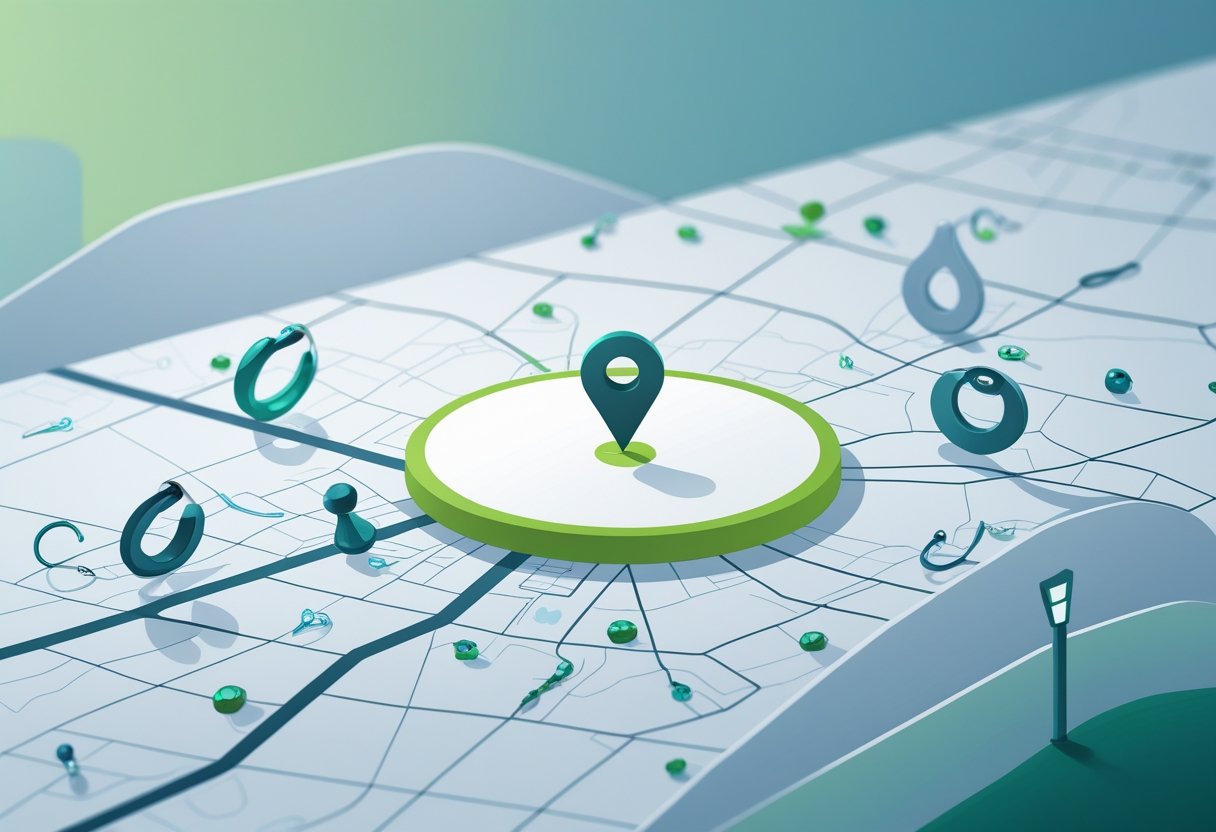 Piercing Dentro De 16 Km Curitiba: Onde Encontrar Opções Seguras e Confiáveis Ilustração mostrando um mapa com um círculo indicando de 1 a 6 quilômetros e ícones de piercings dentro desse raio.