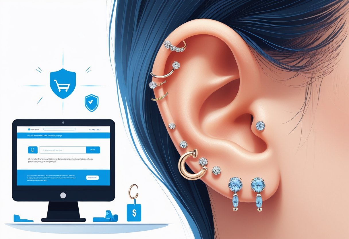 Piercing Orelha Comprar: Guia Completo Para Escolher o Melhor Modelo Close-up de uma orelha com vários piercings, com elementos que representam segurança na compra online, como um carrinho de compras e um escudo.