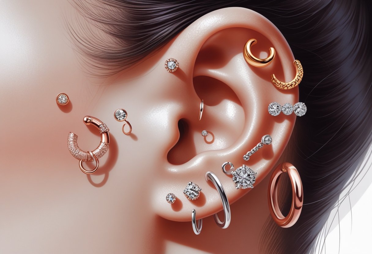 Piercing Orelha Comprar: Guia Completo Para Escolher o Melhor Modelo Close-up de uma orelha com vários piercings populares, incluindo brincos de diferentes formatos e metais.