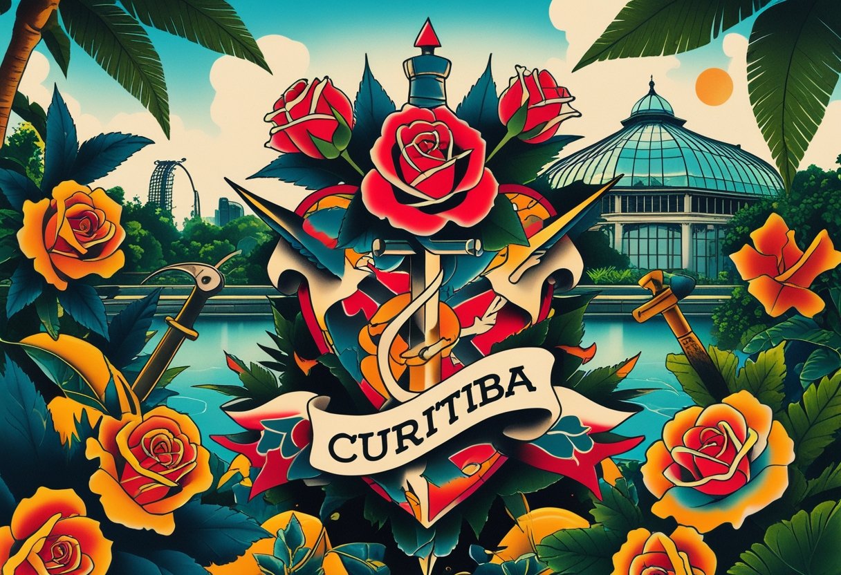 Tattoo Old School Curitiba: Tradição e Estilo no Coração da Cidade Cena mostrando elementos clássicos de tatuagem com paisagens e pontos turísticos de Curitiba ao fundo.