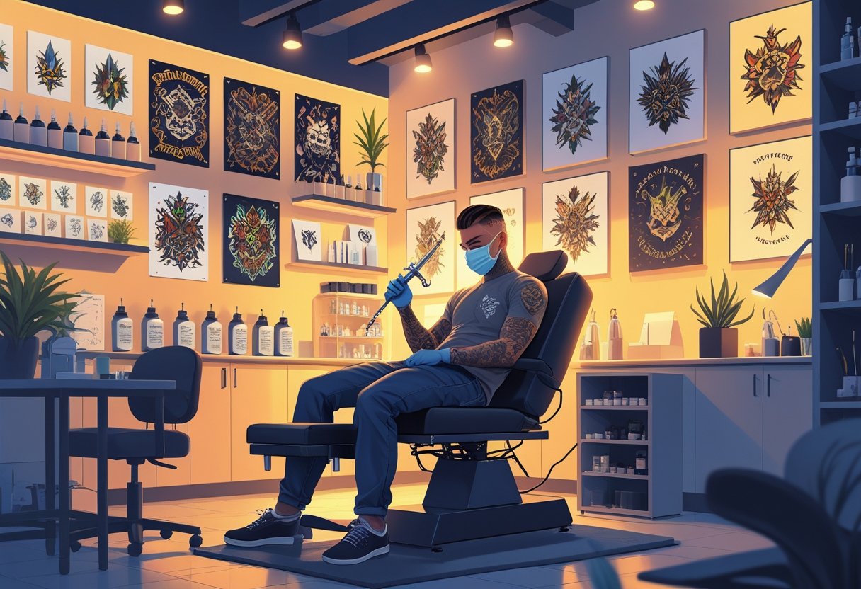 Tattoo Shops: Onde Encontrar Estúdios de Tatuagem Confiáveis e Profissionais Interior de uma loja de tatuagem com um tatuador trabalhando em um cliente, paredes com desenhos de tatuagem e equipamentos organizados.