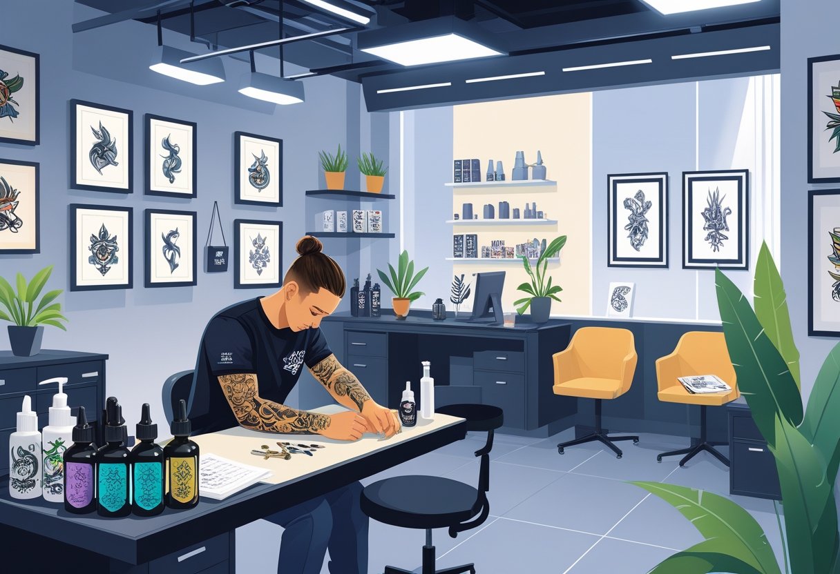 Tattoo Shops: Onde Encontrar Estúdios de Tatuagem Confiáveis e Profissionais Interior de uma loja de tatuagem com um tatuador trabalhando em um cliente, equipamentos organizados, desenhos na parede e uma área de espera com pessoas conversando.