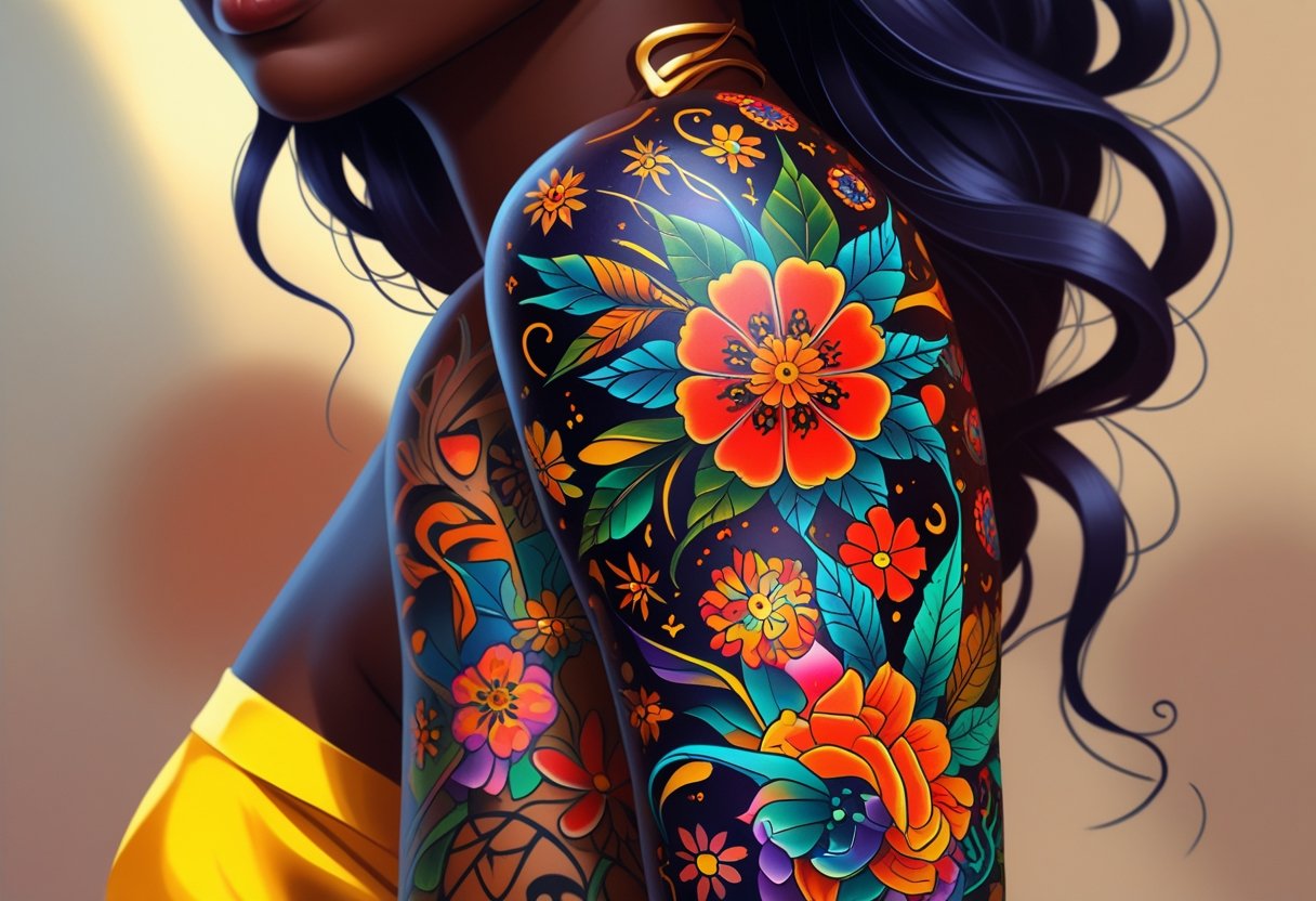 Tatuagem Colorida em Pele Negra: Técnicas e Cuidados Essenciais Para Resultados Vibrantes Braço com pele negra exibindo tatuagens coloridas vibrantes e detalhadas.