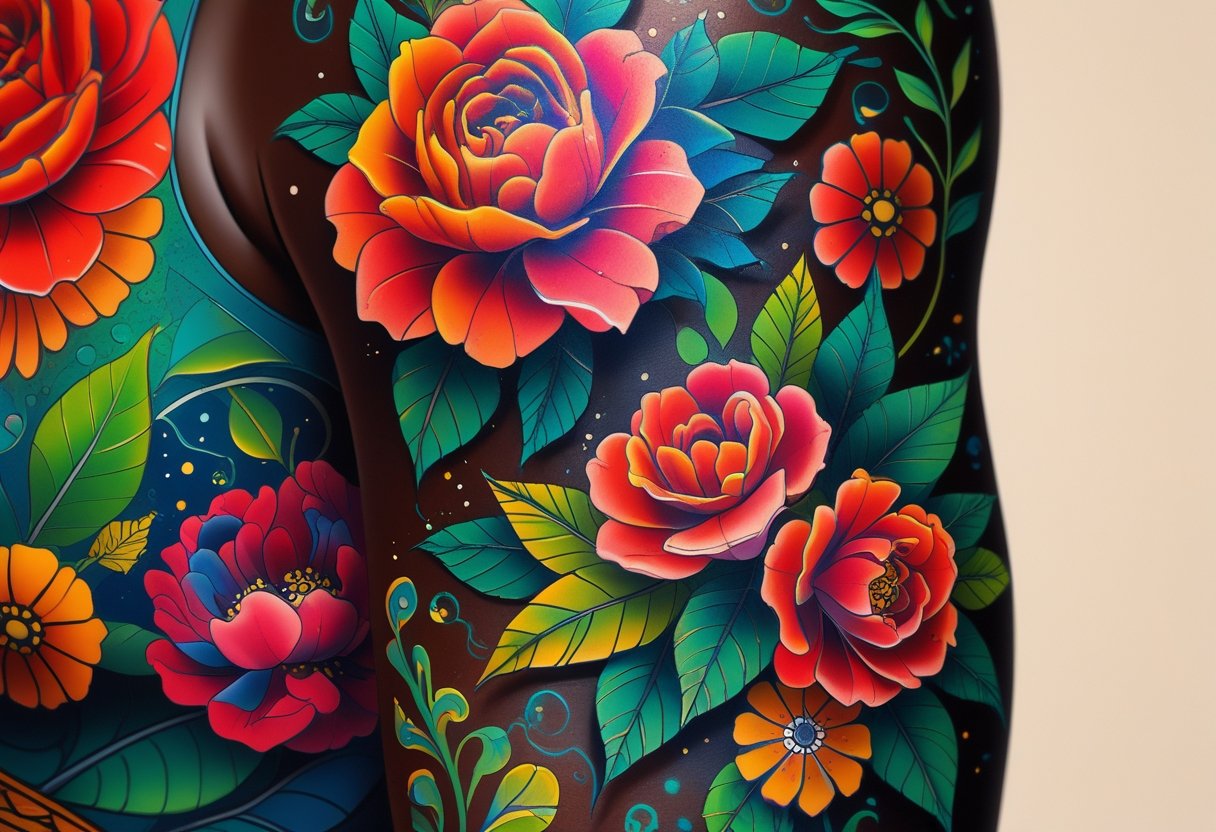 Tatuagem Colorida em Pele Negra: Técnicas e Cuidados Essenciais Para Resultados Vibrantes Braço de pessoa com pele negra exibindo tatuagens coloridas e detalhadas.