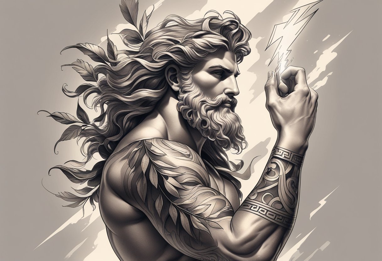 Braço musculoso com uma tatuagem detalhada de Zeus segurando um raio.