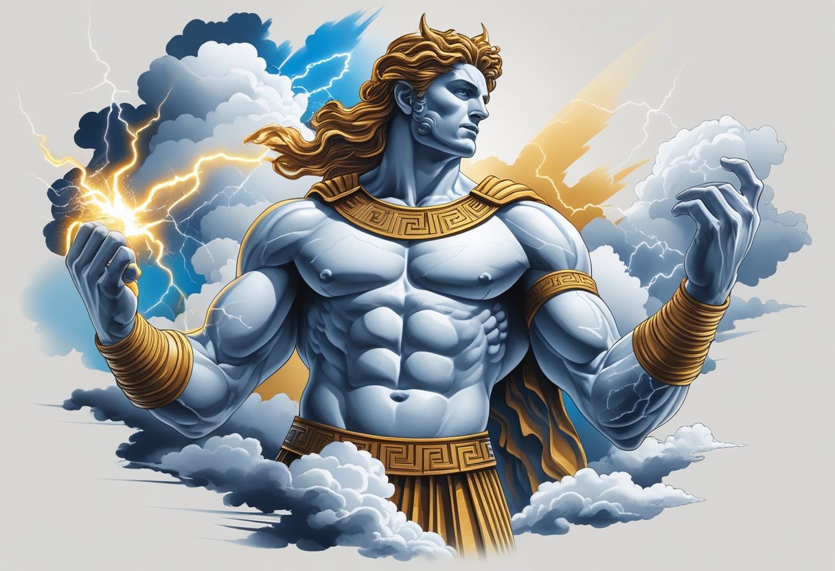 Ilustração detalhada de um desenho de tatuagem de Zeus para o braço, mostrando o deus segurando um raio com efeitos de relâmpago ao redor.
