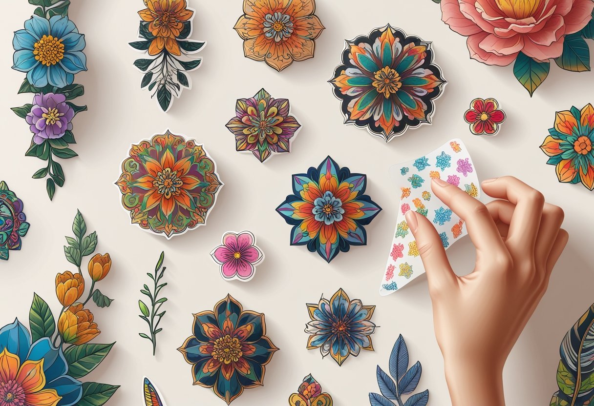 Tatuagens Adesivas Personalizadas: Guia Completo Para Criar Designs Únicos Mãos aplicando tatuagens adesivas personalizadas em pele, com várias tatuagens coloridas exibidas ao redor.