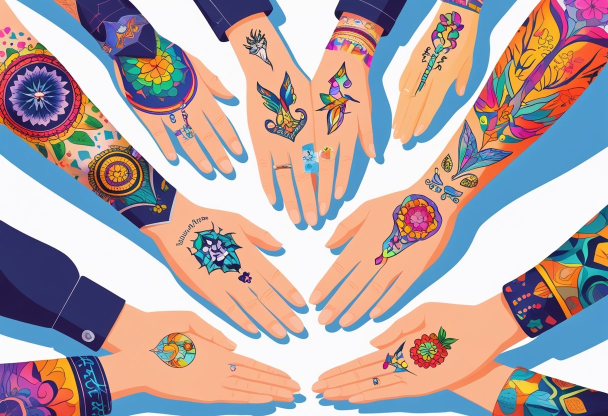 Tatuagens Adesivas Personalizadas: Guia Completo Para Criar Designs Únicos Várias mãos e braços com tatuagens temporárias personalizadas em diferentes estilos e cores, mostrando diversidade e criatividade.