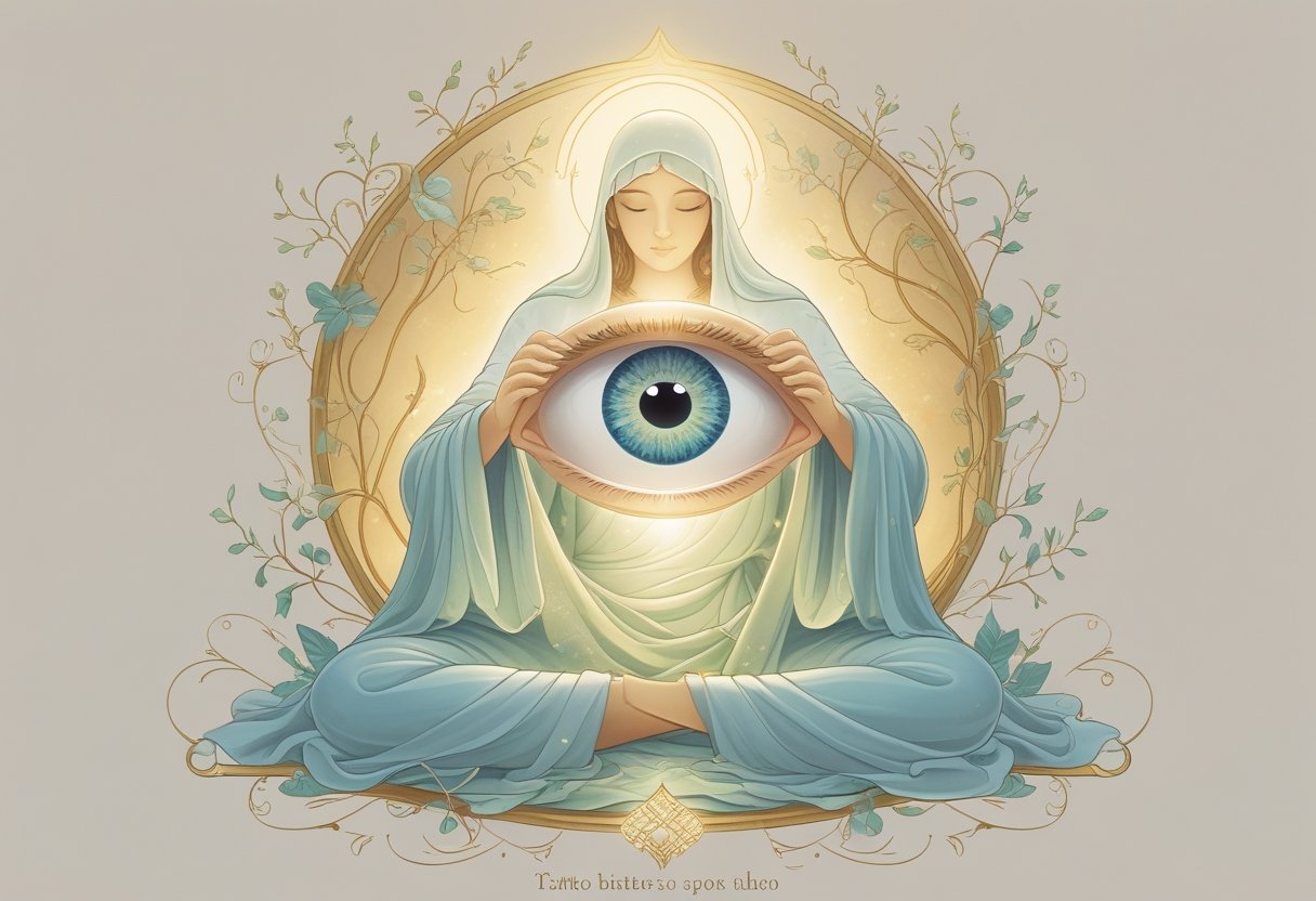 Guarda Me Senhor Como a Menina dos Olhos Tatuagem: Significado e Inspirações Para Sua Arte Corporal Figura divina protegendo um grande olho humano brilhante cercado por elementos naturais delicados, simbolizando cuidado e proteção.