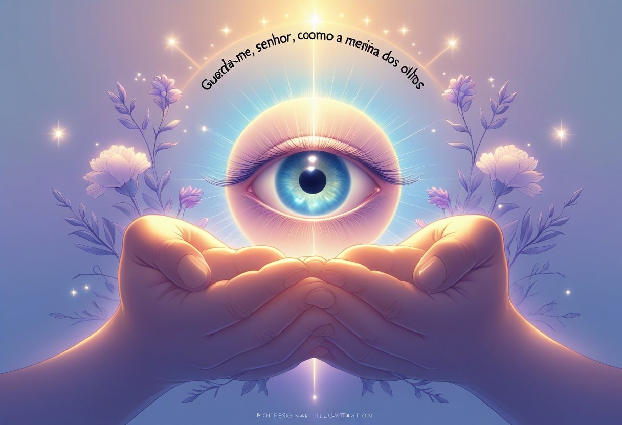 Guarda Me Senhor Como a Menina dos Olhos Tatuagem: Significado e Inspirações Para Sua Arte Corporal Mãos segurando delicadamente um olho brilhante cercado por elementos suaves que representam proteção e espiritualidade.