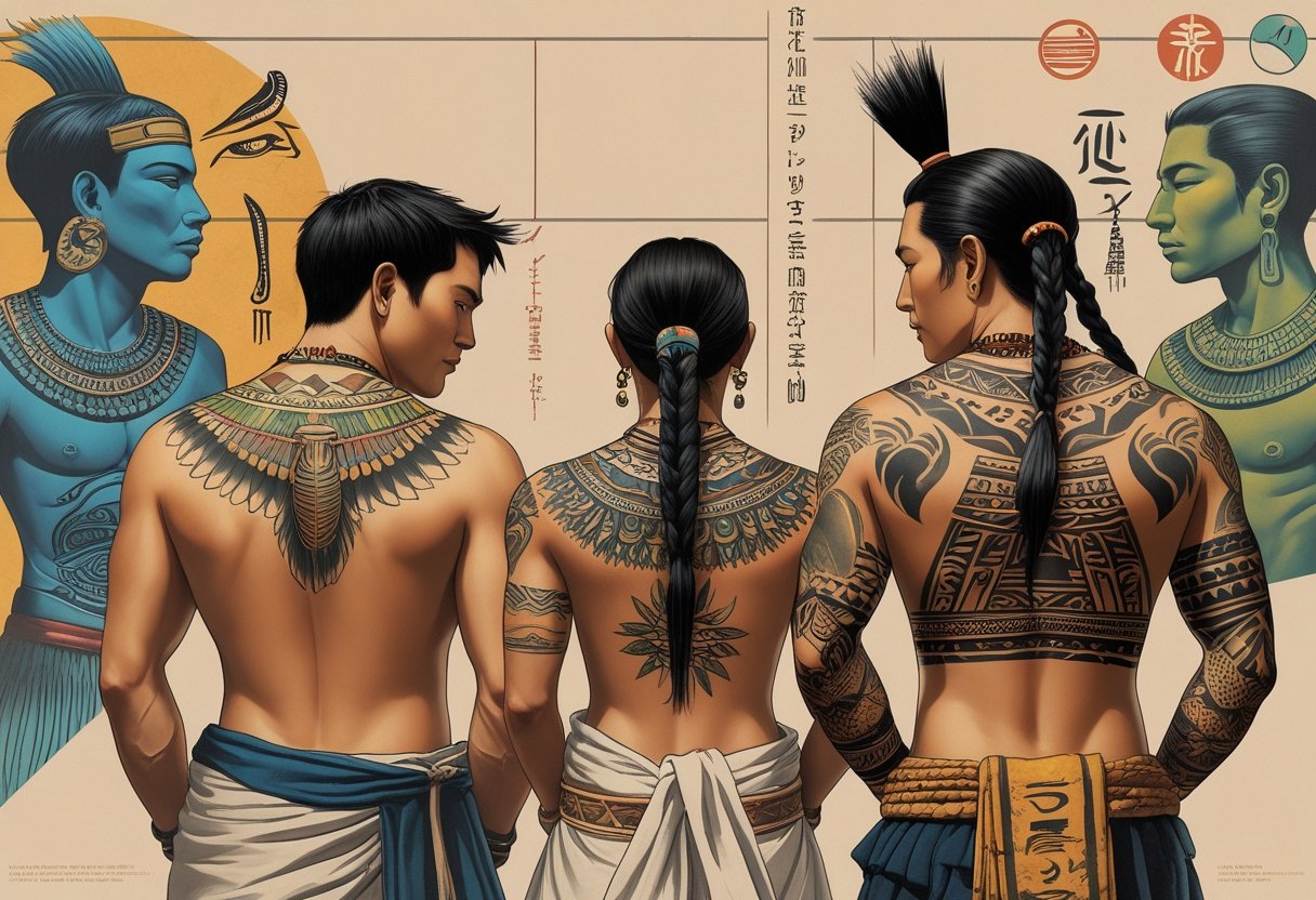 Ilustração mostrando pessoas de diferentes civilizações antigas com tatuagens tradicionais, destacando a evolução da tatuagem ao longo do tempo.