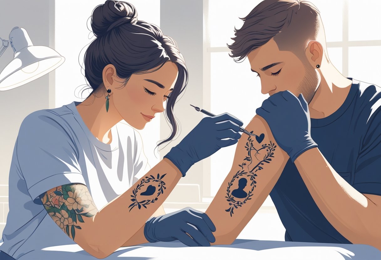 Pessoa recebendo uma tatuagem no antebraço em um estúdio de tatuagem, com expressão calma e reflexiva, enquanto o tatuador trabalha com cuidado.