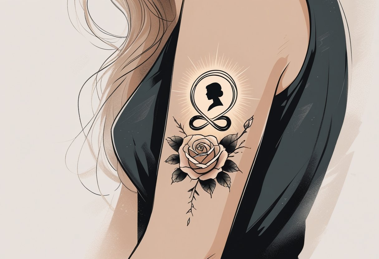 Braço com uma tatuagem detalhada que representa homenagem, incluindo uma rosa, símbolo de infinito e uma silhueta de retrato.