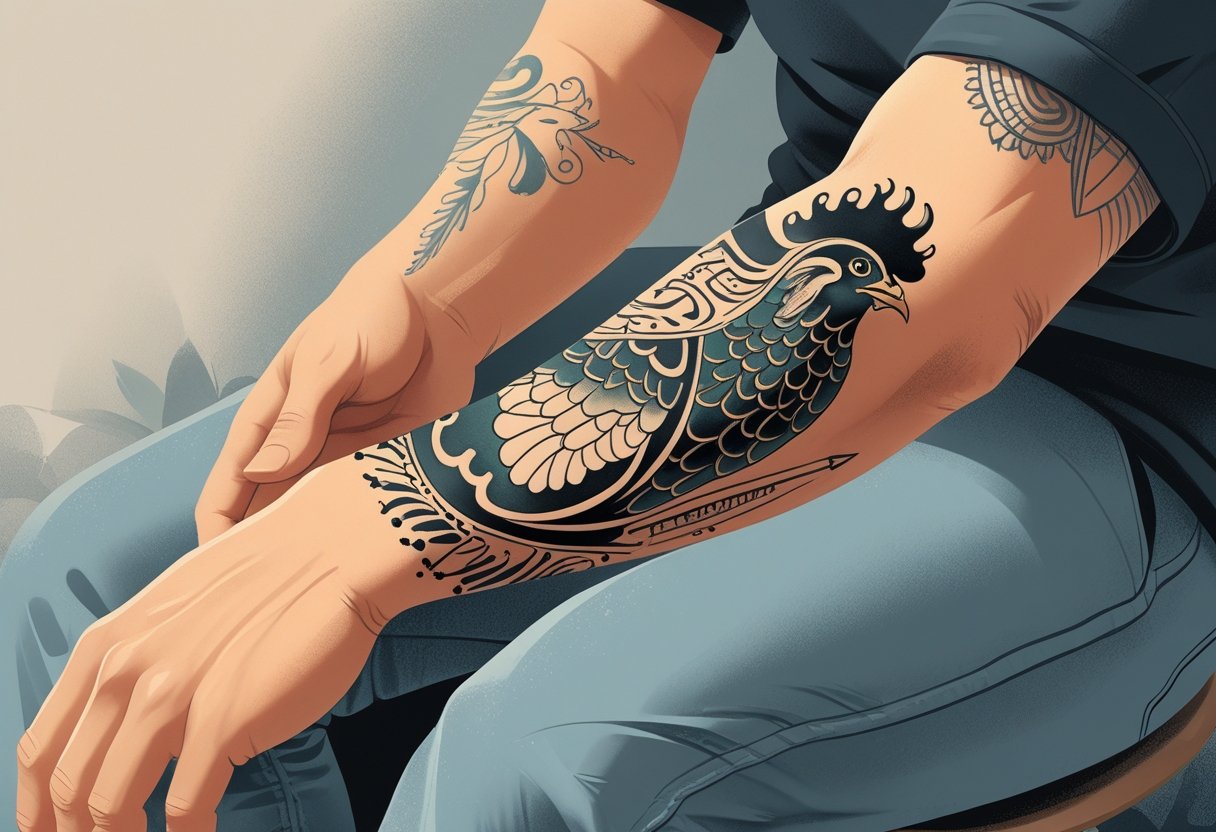 Braço com uma tatuagem detalhada que combina elementos de um frango estilizado.