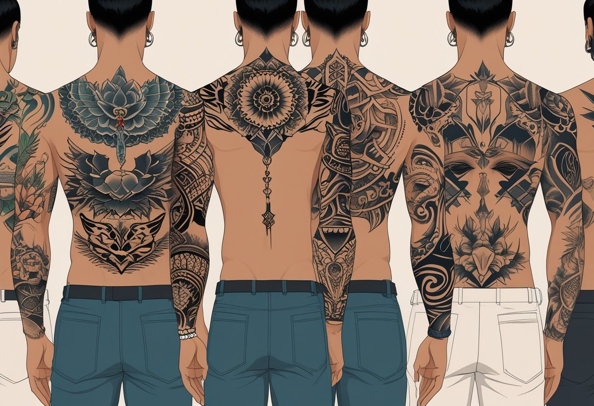 Ilustração mostrando várias pessoas com diferentes tatuagens em várias partes do corpo.