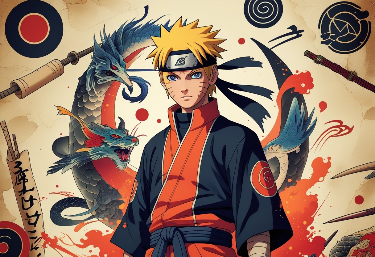 Naruto Tatuagem: Guia Completo de Ideias e Significados para Fãs Um jovem ninja com roupas tradicionais e uma faixa na cabeça, cercado por desenhos de tatuagens inspiradas no universo de Naruto, com símbolos antigos e elementos históricos ao fundo.