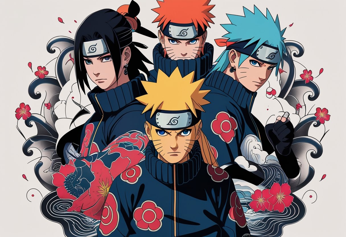Naruto Tatuagem: Guia Completo de Ideias e Significados para Fãs Ilustração mostrando os principais personagens de Naruto em designs de tatuagem, com poses dinâmicas e elementos tradicionais japoneses ao redor.