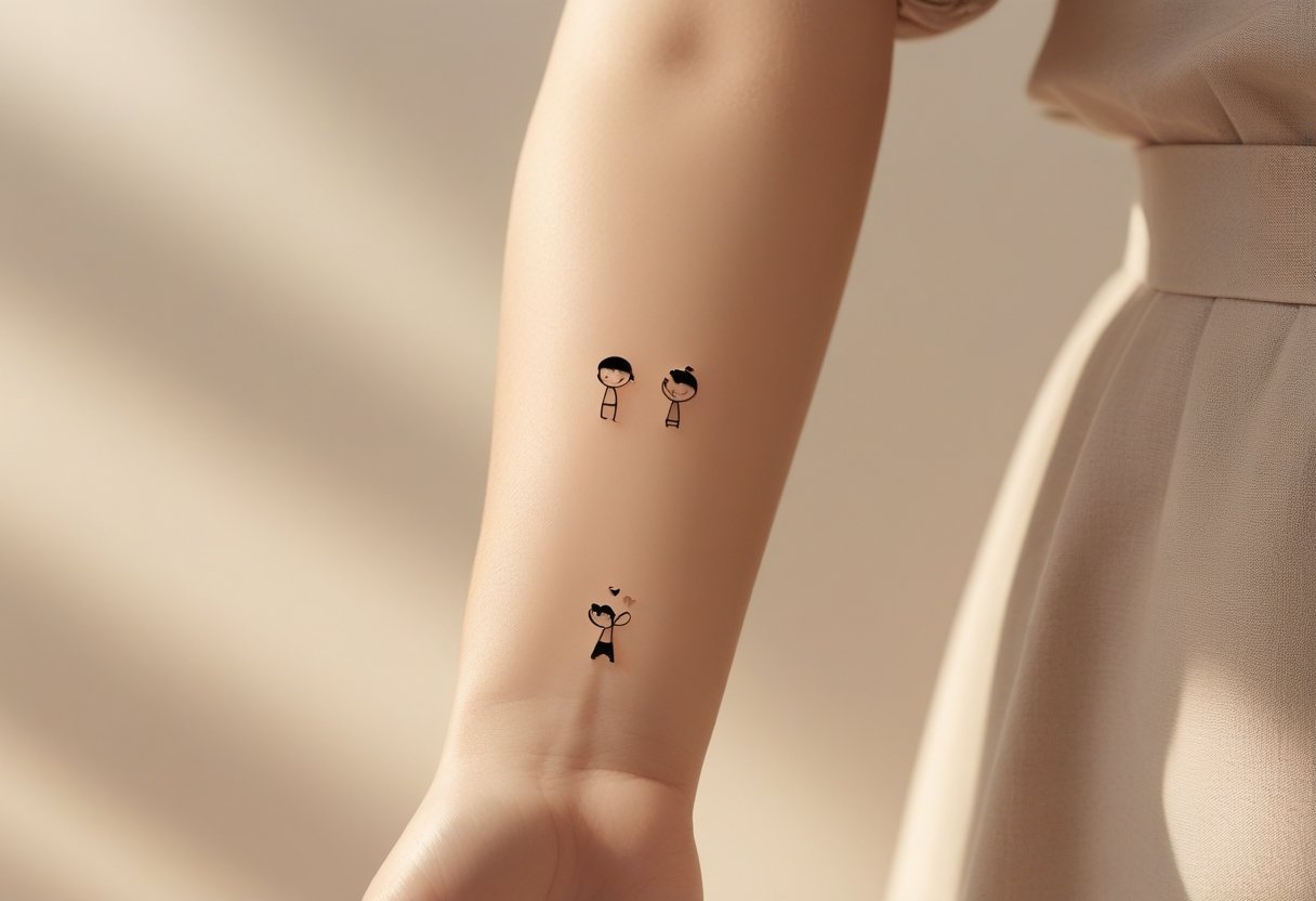 Braço com uma tatuagem que simboliza dois filhos, mostrando dois pequenos elementos delicados que representam as crianças.