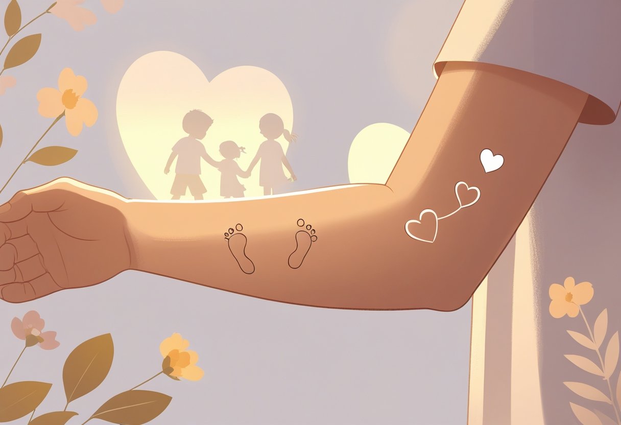 Braço com duas tatuagens delicadas representando dois filhos, com elementos sutis ao redor que simbolizam amor e vínculo familiar.
