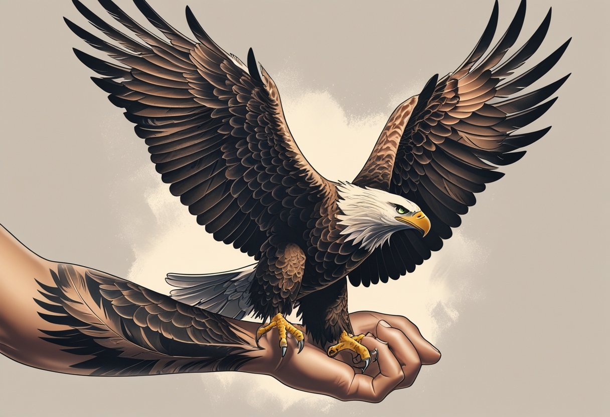 Ilustração de uma tatuagem de águia detalhada no antebraço, mostrando a águia com asas abertas em voo.