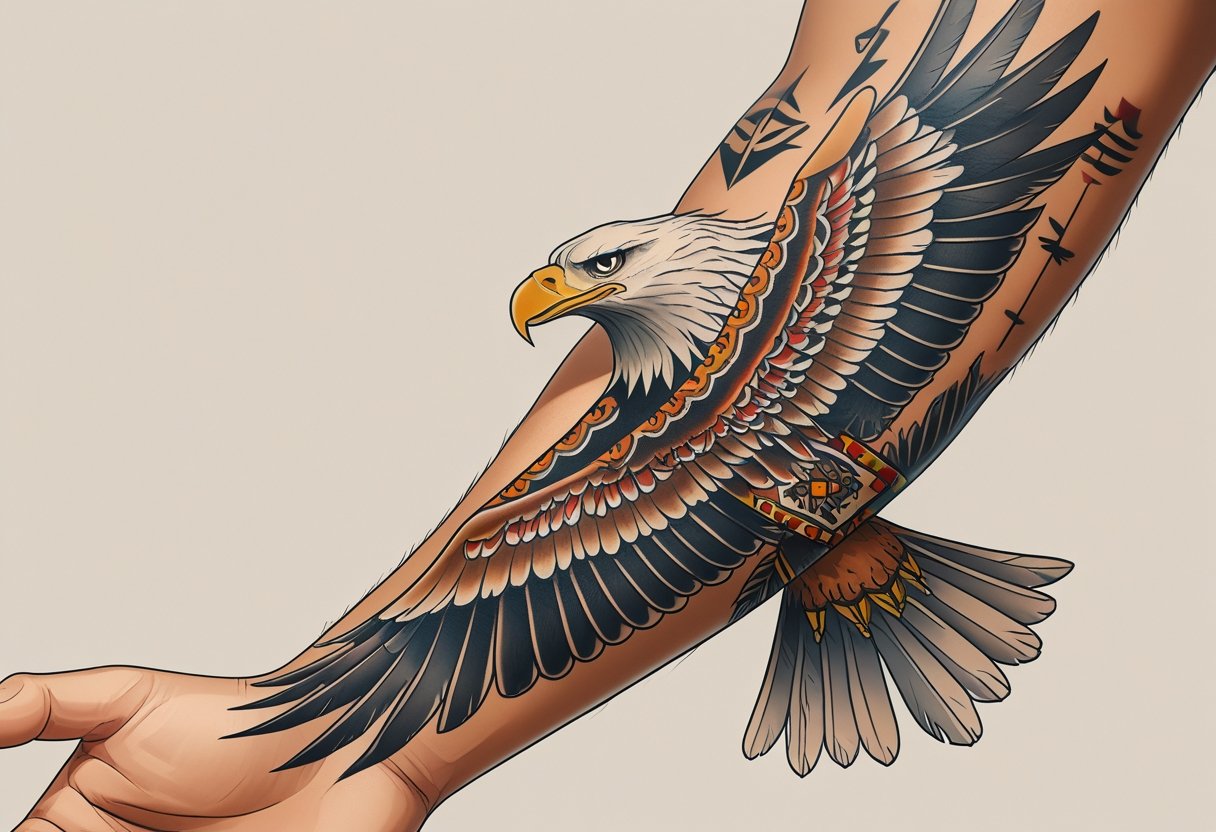 Ilustração de um braço com uma tatuagem de águia detalhada no antebraço, mostrando elementos culturais e históricos.