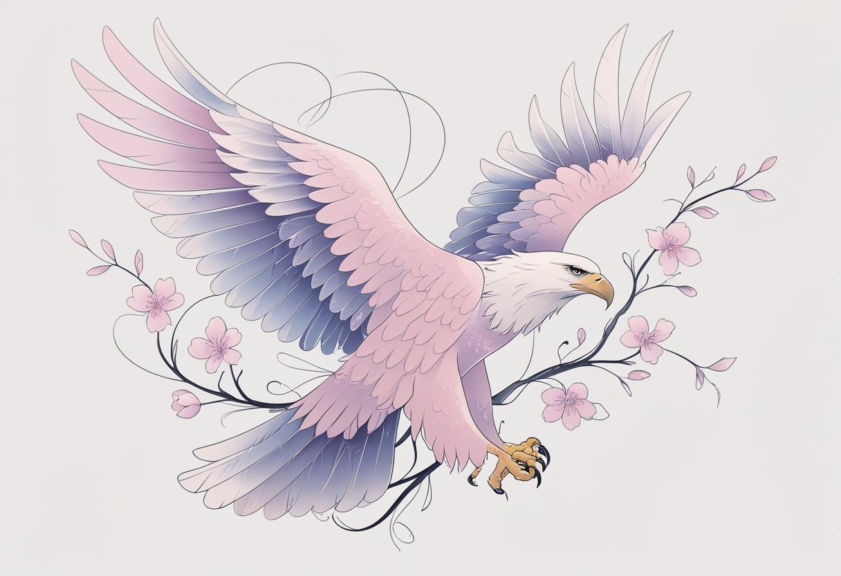 Ilustração de uma tatuagem de águia feminina delicada com flores e penas suaves.
