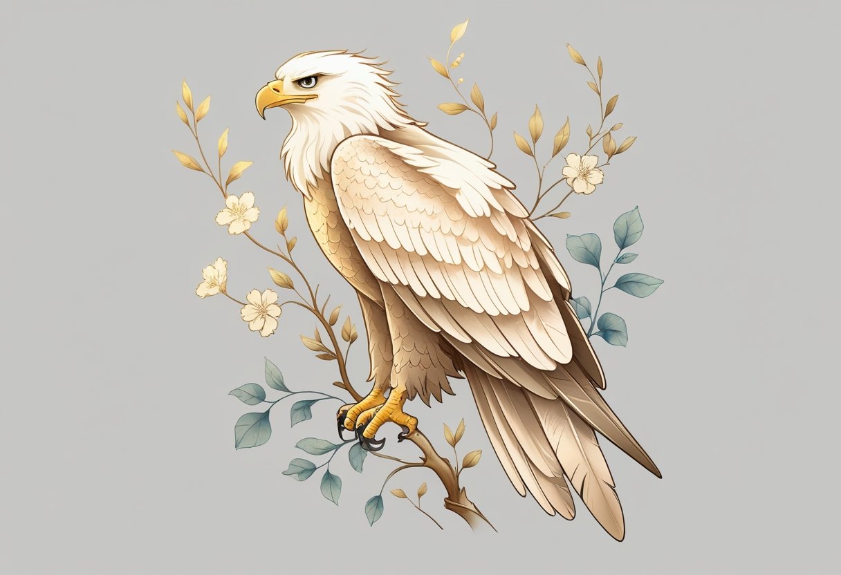 Ilustração de uma tatuagem delicada de águia feminina com detalhes florais e penas suaves.