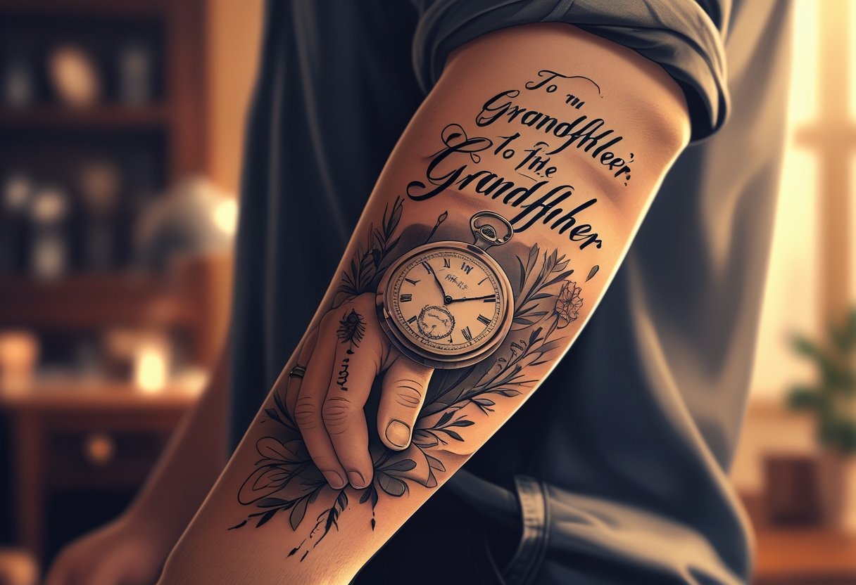 Braço com tatuagem que simboliza uma homenagem ao avô, mostrando elementos como relógio de bolso, óculos e mãos se segurando.