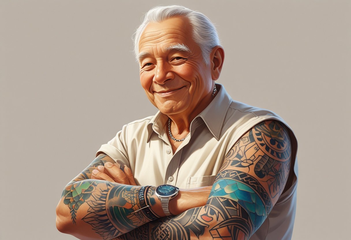 Um avô sorridente mostrando suas tatuagens nos braços e mãos, em um ambiente simples e iluminado naturalmente.