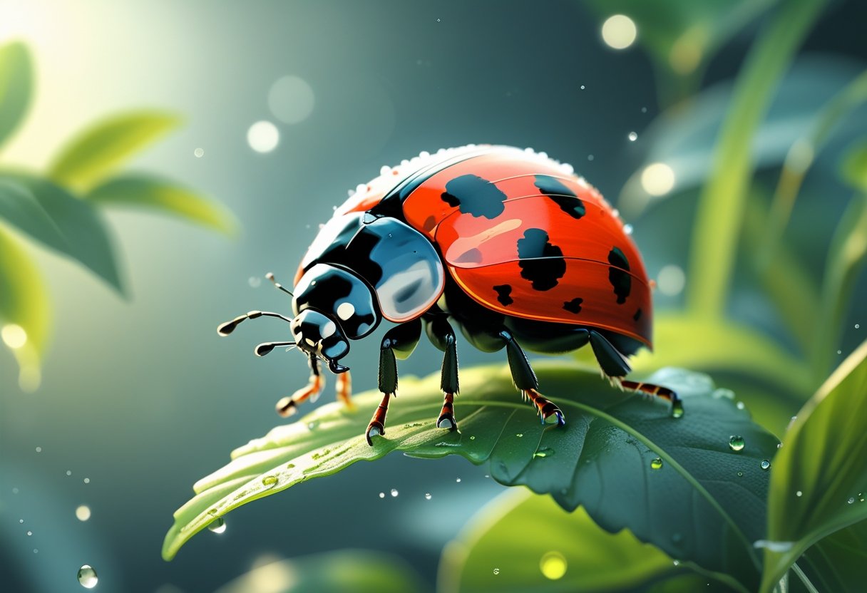 Ilustração de uma joaninha vermelha com manchas pretas pousada em uma folha verde, com gotas de orvalho e luz suave ao fundo.