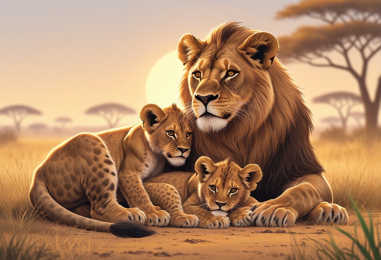 Leoa deitada protegendo dois filhotes próximos a ela em um cenário de savana ao pôr do sol.