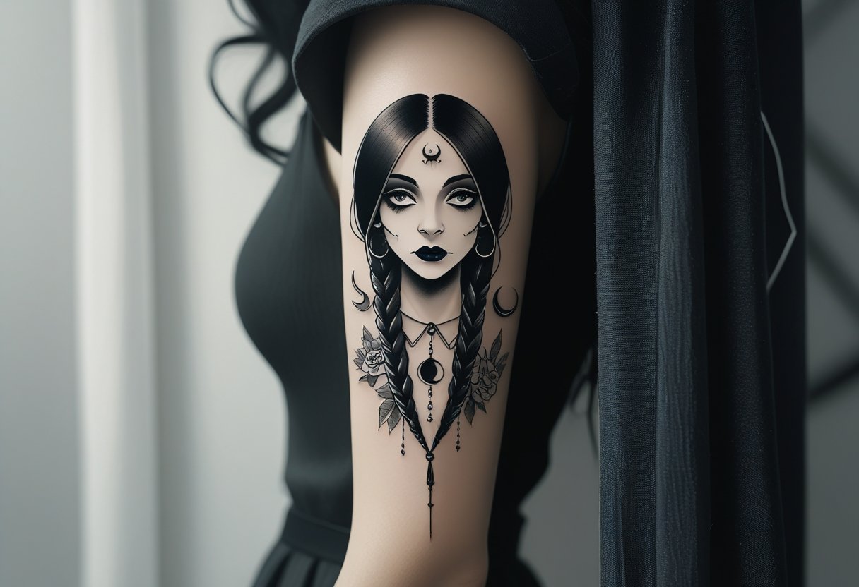 Tatuagem Wandinha: Ideias e Significados do Personagem Cult Braço com uma tatuagem detalhada inspirada na personagem Wandinha Addams, mostrando elementos góticos como aranha e lua crescente.